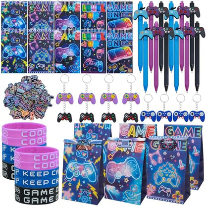 Tuhangcc 110Pcs Video Game Party Favors Set For 12 Guest Included Video Game Keychains Gamer Goodie Bag Silicone Wristband Stickers Notebooks Gel Pen For Gamer Party Favors Gamer Birthday Party Gifts