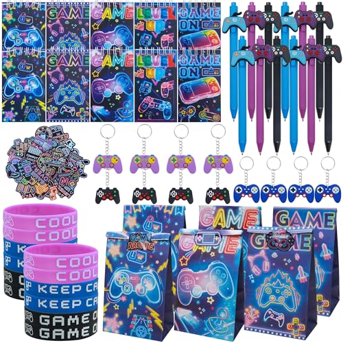 Tuhangcc 110Pcs Video Game Party Favors Set For 12 Guest Included Video Game Keychains Gamer Goodie Bag Silicone Wristband Stickers Notebooks Gel Pen For Gamer Party Favors Gamer Birthday Party Gifts