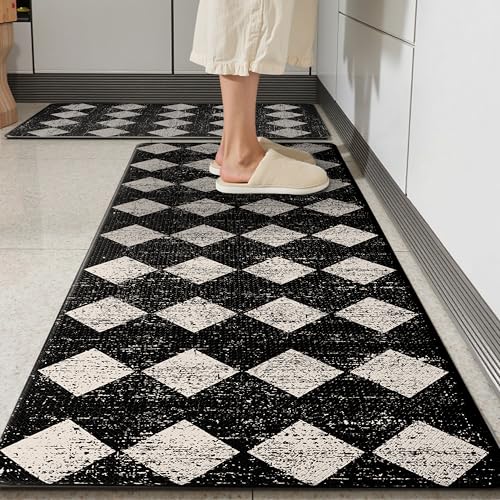 Black Beige Moroccan Trellis Checkered Kitchen Rug Sets [2 PCs], Anti-Fatigue, Waterproof Non-Slip Kitchen Mats Heavy Duty Ergonomic Comfort Foam Rug for Floor, Home, Laundry,17"x29"+17"x47" - color: Trellis-black & Beige, size: 17.3"x29"+17.3"x47"-0.4"H