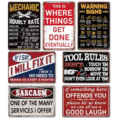 Funny Garage Metal Signs Vintage Man Cave Decor for Men - Retro Car Room Wall Art Posters, Mechanic Shop Signs & Mens Garage Gifts 7 Piece Set (8×12 Inch) - color: GarageSign