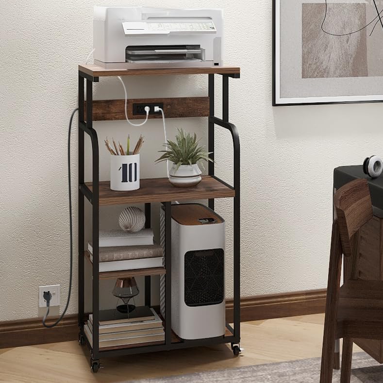 VEDECASA Large Printer Stand Cart with Charging Station USB Port 21.2"x15.7"x42.3" Rolling Tall 3-Tier Printer Stand with Adjustable Shelf Storage Home Office - color: Brown