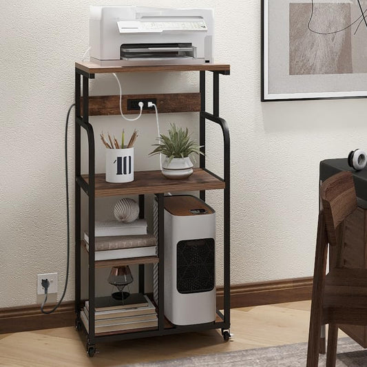 VEDECASA Large Printer Stand Cart with Charging Station USB Port 21.2"x15.7"x42.3" Rolling Tall 3-Tier Printer Stand with Adjustable Shelf Storage Home Office - color: Brown