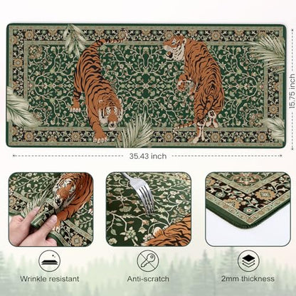 Desk Pad Mat, Stitched Edges Cute Desk Mat, Non-Slip Tiger Desk Mat Gaming, Smooth Green Mouse Pad, Soft Desk Cushion for Office Home 35.4 x 15.7 Inches (Green) - color: Multi/Green