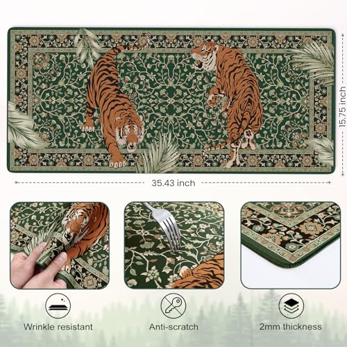 Desk Pad Mat, Stitched Edges Cute Desk Mat, Non-Slip Tiger Desk Mat Gaming, Smooth Green Mouse Pad, Soft Desk Cushion for Office Home 35.4 x 15.7 Inches (Green) - color: Multi/Green