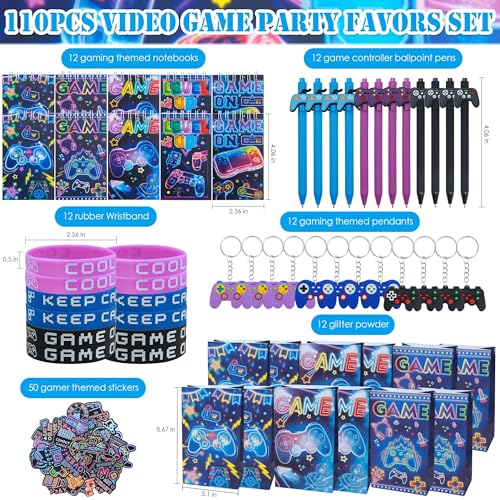 Tuhangcc 110Pcs Video Game Party Favors Set For 12 Guest Included Video Game Keychains Gamer Goodie Bag Silicone Wristband Stickers Notebooks Gel Pen For Gamer Party Favors Gamer Birthday Party Gifts
