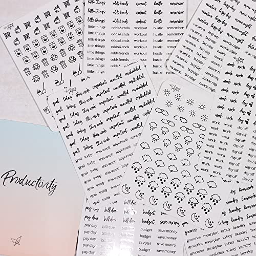 Clear Black Foil Planner Stickers, Productivity, Functional, Icons, Words, Easy-to-Read, Over 600 Stickers, Folder Included, Organize, Aesthetic, Minimal - Midnight - color: Midnight