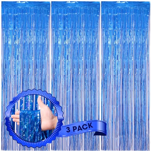 Voircoloria 3 Pack 3.3 x 8.2 ft Laser Blue Foil Fringe Backdrop Curtains, Tinsel Streamers Birthday Party Decorations, Fringe Backdrop for Graduation, Baby Shower, Gender Reveal, Disco Party - color: 15 Laser Blue