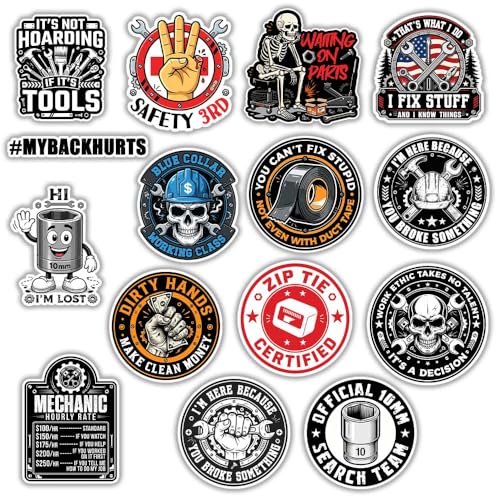 SODAVA (15Pcs, 3in) Mechanic Sticker Pack, Funny Hard Hat and Toolbox Stickers, Auto Repair Garage Decals, Welder Construction Worker Waterproof Vinyl Stickers for Laptop Water Bottle Helmet - color: Mechanic