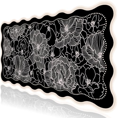 L-SPOUTTO Black Floral Mouse Pad,Vintage Aesthetic Scalloped Desk Mat XXL Large Gaming Mousepad,35.4x15.7in Non-Slip Keyboard Pad Waterproof Desktop Mat for Laptop Computer Work Game Home Office-Peony - color: Peony Black