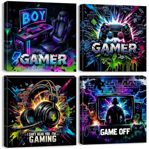 Gaming Wall Art Cool Neon Game Canvas Pictures for Teen Boys Room Decor Video Gamer Posters for Bedroom Graffiti Gamepad Controller Headset Painting Prints for Kids Room Decor Home Decoration 12x12'' 4 Pcs - color: Gamer Boy01, size: 12 x 12 in