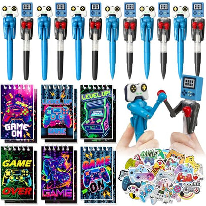 74pcs Video Game Party Favors for Kids Cool Fun Boxing Pens Mini Notebooks Stickers, Gamer Birthday Party Favors Funny Novelty Gifts Gaming Classroom Prizes Goodie Bag Stuffers for Teens Boys Girls