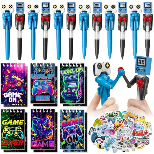 74pcs Video Game Party Favors for Kids Cool Fun Boxing Pens Mini Notebooks Stickers, Gamer Birthday Party Favors Funny Novelty Gifts Gaming Classroom Prizes Goodie Bag Stuffers for Teens Boys Girls