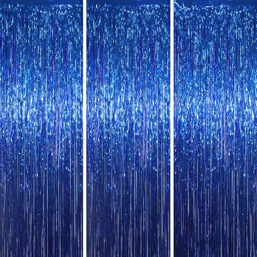 Voircoloria 3 Pack 3.3x8.2 Feet Blue Foil Fringe Backdrop Curtains, Tinsel Streamers Birthday Party Decorations, Fringe Backdrop for Graduation, Baby Shower, Gender Reveal, Disco Party - color: 13 Dark Blue