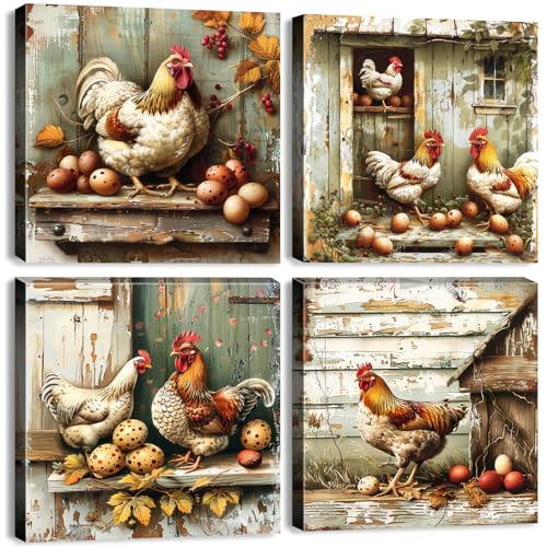 Vintage Farmhouse Chicken Wall Decor Rooster Kitchen Art Wall Rustic Cottage Pictures Rural Country Hens Painting Poster Farm Animals Canvas Artwork for Dining Room Cabin Home Decorations 12x12"4Pcs - color: FarmChicken, size: 12 x 12 in