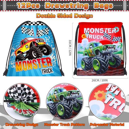 SNLN Monster Truck Party Favors Birthday Supplies for Boys Kids, Drawstring Bag Silicone Bracelet Keychain Tattoo Sticker Pinata Goodie Bag Stuffers Monster Truck Birthday Party Supplies Decor - style: Monster Truck