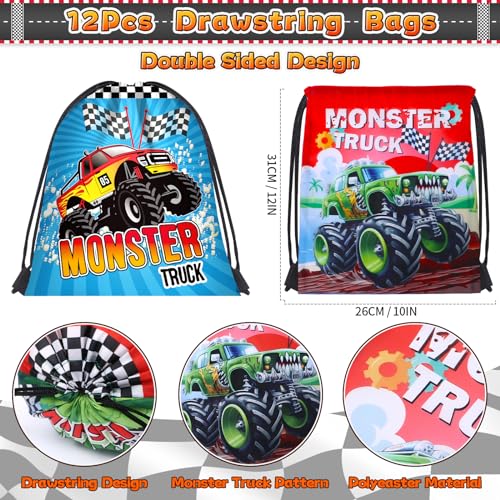 SNLN Monster Truck Party Favors Birthday Supplies for Boys Kids, Drawstring Bag Silicone Bracelet Keychain Tattoo Sticker Pinata Goodie Bag Stuffers Monster Truck Birthday Party Supplies Decor - style: Monster Truck