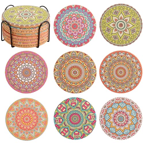 Cork Coasters Set of 8, Round Coasters for Drinks with Holder, Boho Colorful Coaster for Apartment Home Office Bar Coffee Table Decor, Birthday Gift for Mom (Mandala 8) - color: Mandala Coasters8