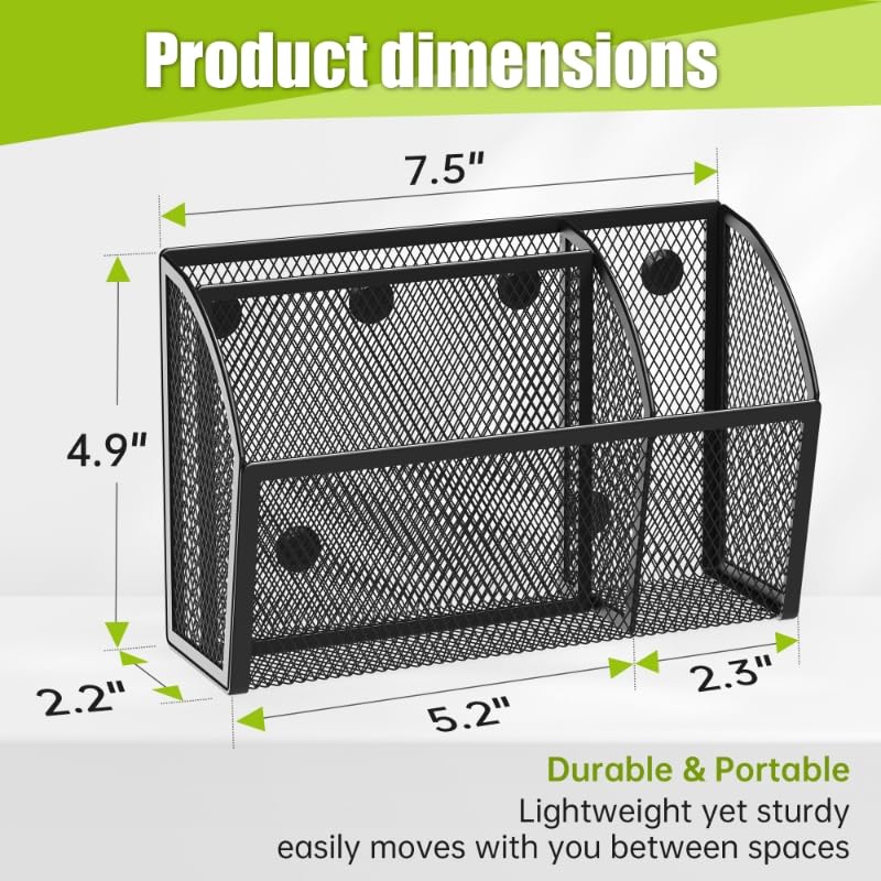 YINGHUA Magnetic Desk Organizer - 3 Compartment Metal Mesh Pen Holder for Locker, Whiteboard, Refrigerator, Office - Black Caddy - color: Black