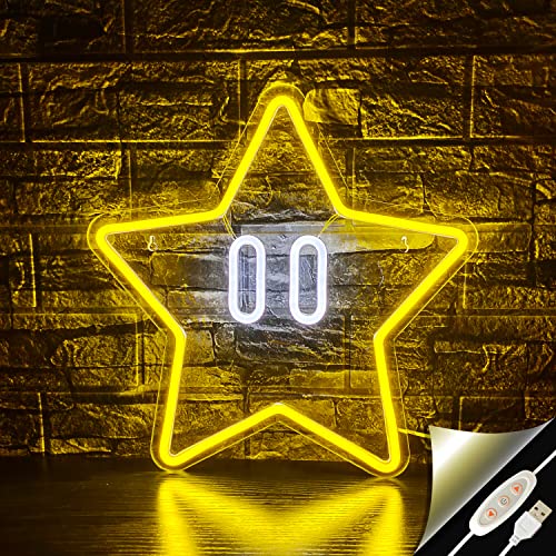 Star Neon Sign, Gaming Led Neon Light for Kids Bedroom Wall Decor Game Room Decor,Man Cave,Dimmable Gaming Star Led Sign Gifts for Kids Boys - color: Yellow with White Backplate