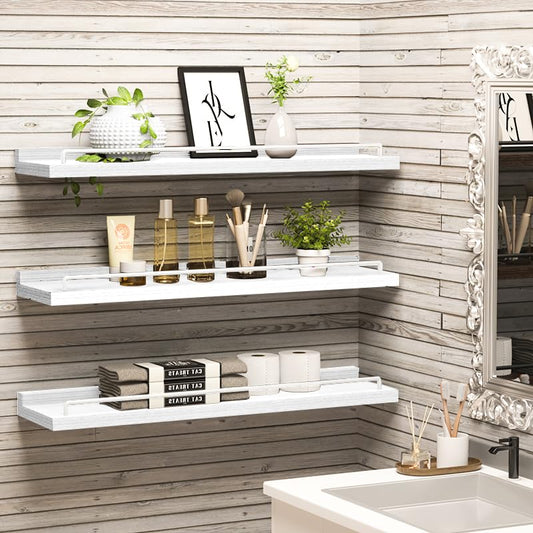 RYOFOBETTO 22 inches Long Floating Shelves, Bathroom Decor Shelves Over Toilet, Farmhouse Wall Shelves for Living Room, Bedroom, Picture Frames, Plants, Kitchen, Set of 3 (White) - color: White, size: 22"
