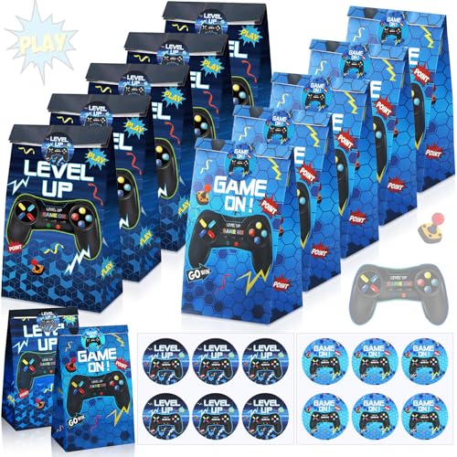 Geosar 30 Pack Video Game Party Favor Paper Bags Game on Goodie Candy Gift Bags with 30 Stickers Level up Reusable Goodie Treat Snacks Supplies for Boys Kids Gaming Birthday Party(Blue) - color: Blue