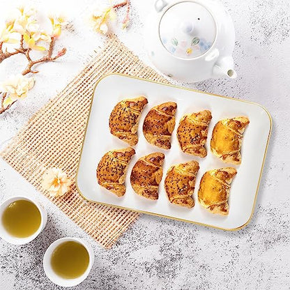 R-kay 3 Pack Plastic Serving Trays for Party - White and Gold Tray 8 by 11 in Heavy Duty Dessert Food Rectangular Premium Platters - color: White and Gold Rim