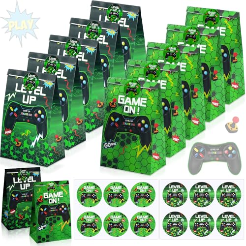 Geosar 30 Pack Video Game Party Favor Paper Bags Game on Goodie Candy Gift Bags with 30 Stickers Level up Reusable Goodie Treat Snacks Supplies for Boys Kids Gaming Birthday Party(Green) - color: Green