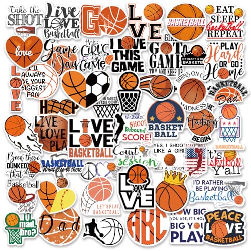 DETICKERS Basketball Stickers for Kids Boys Water Bottles 50 PCS Waterproof Vinyl Gifts for Teen Boys Sports Stickers - style: Basketball