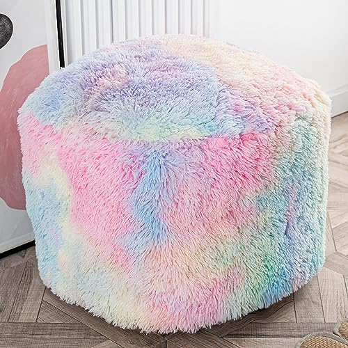 Asuprui Pouf Ottoman Unstuffed Round Bean Bag Poof Ottoman Seat Soft Faux Fur Footrest Stool 20x20x12 Inches Fuzzy Chair Floor Chair Foot Rest with Storage for Living Room Bedroom Rainbow Pouf Cover - color: Rainbow