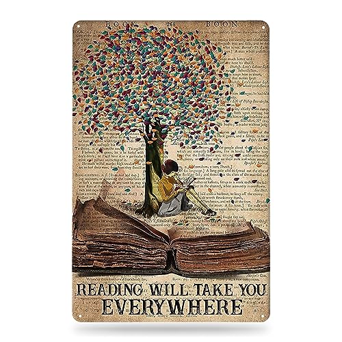 Noete Reading Will Take You Everywhere Metal Sign - Vintage Decor Girl Reading Wall Quotes Library Wall Decor Metal Signs for Home Office - Reading Sign Book Poster for Classroom Decoration