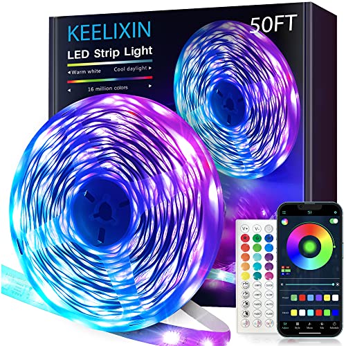 KEELIXIN LED Lights Music Sync RGB LED Strip Lights with APP & Remote Control (50ft)
