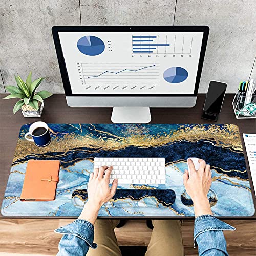 LATEEFAH Large Mouse Pad and Keyboard Wrist Rest, Desk Pad for Keyboard and Mouse, Extended Gaming Mouse Pad with Wrist Support, Waterproof Non-Slip Desk Mouse Mat for Office, Home - color: 4Pcs-Blue & White Marble