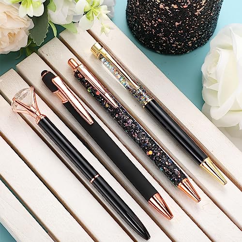 Sabary 8 Pcs Black Pens with Pen Holder for Desk Glitter Crystal Diamond Cute Ballpoint Fancy Pencil Holder Bling Desk Organizer for Women Girls School Office Supplies Wedding Graduation Gifts - color: Black