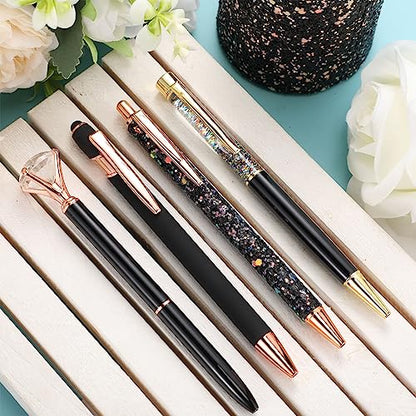 Sabary 8 Pcs Black Pens with Pen Holder for Desk Glitter Crystal Diamond Cute Ballpoint Fancy Pencil Holder Bling Desk Organizer for Women Girls School Office Supplies Wedding Graduation Gifts - color: Black