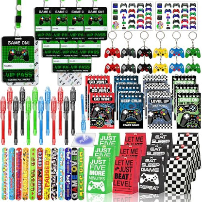 146 Pcs Video Game Party Favors, Gamer Party Favor -Ink Pen Notebook VIP Passes with Lanyards Slap Bracelets Keychains Bags Tattoo Stickers for Kids Gaming Party Favors Game On Birthday Partys Favor - style: Video Favor