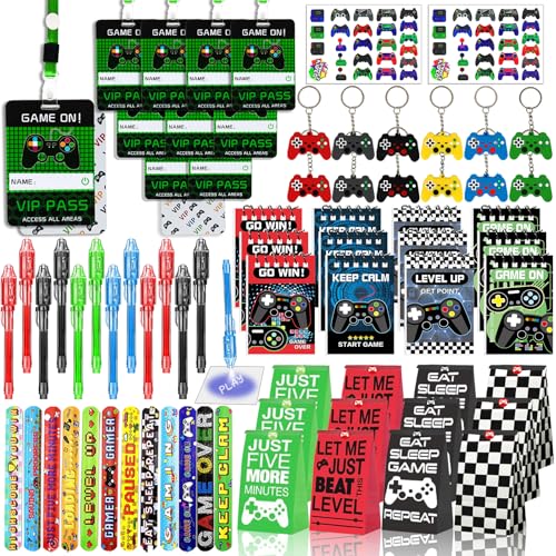 146 Pcs Video Game Party Favors, Gamer Party Favor -Ink Pen Notebook VIP Passes with Lanyards Slap Bracelets Keychains Bags Tattoo Stickers for Kids Gaming Party Favors Game On Birthday Partys Favor - style: Video Favor