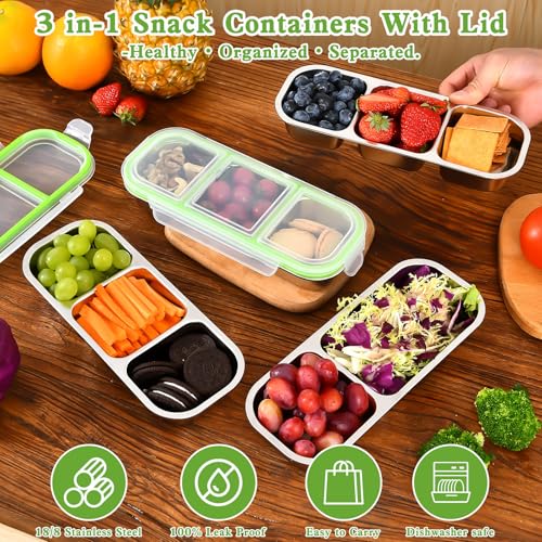 UPTRUST Reusable Stainless Steel Snack Containers with Lids – 2-Compartment and 3-Compartment Leak-Proof Designs for Take-Out Condiments and On-the-Go Snacks - size: 1-Piece 2-Compartment + 1-Piece 3-Compartment