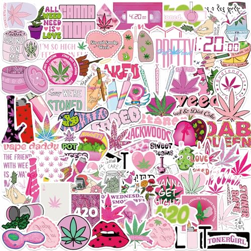 100PCS Pink Weed Stickers for Adults, Kawaii Marijuana Stickers,Cute Weed Sticker for Girl,Aesthetic Weed Gift - style: Pink Weed