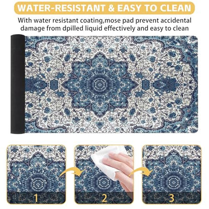 Blue Boho Texture Desk Mat Large Mouse Pad Gaming Mousepad 31.5 x 15.8 in | Desk Pad for Keyboard and Mouse, Large Non-Slip Rubber Base Mousepad Desk Mat with Stitched Edges for Gaming Office - color: Blue Boho Rug Texture