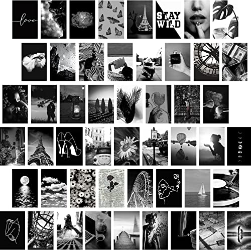Yasowdkel Black White Aesthetic Wall Collage Kit, Aesthetic collage kit, 50PCS 4x6 Inch Picture Collage Kit for Wall Aesthetic,Black picture wall collage,Dorm Wall Decor, Cute Wall Decor for Teen - color: Black and White