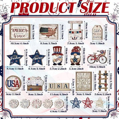 20 Pcs 4th of July Patriotic Tiered Tray Decor Red White and Blue USA Flag Wood Signs Rustic Memorial Day Wooden Tiered Tray Decoration for Independence 250th Anniversary Labor Home Party - style: Vivid Style