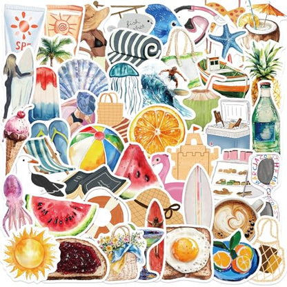 VSCO Beach Stickers for Teens & Adults, 50Pcs Ocean Stickers for Scrapbooking Water Bottles Laptop Notebook, Cute Waterproof Tropical Vinyl Decal for Girls Boys Bulk - style: Beach