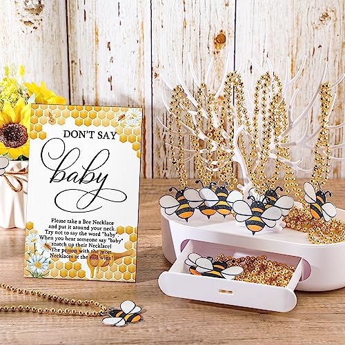 Roowest 51 Pcs Don't Say Baby Shower Game Bee Baby Game Sign Wooden Baby Shower Table Decor 50 Bee Felt Necklaces Bee Shape Necklaces for Baby Shower Winner Prizes Gender Reveal Party Favors
