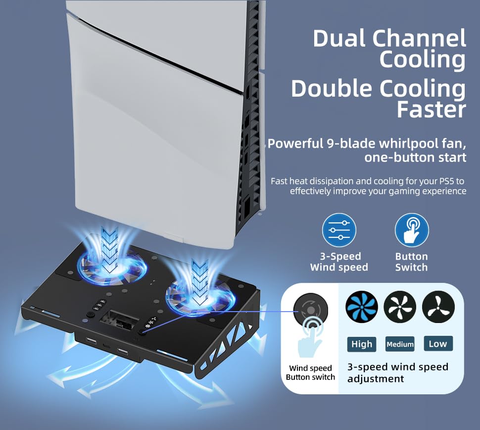 PS5/PS5 Slim/ PS5 Pro Wall Mount, Accessories Kit with Cooling Fan & Charging Station, Shelf Floating Mount for PS5/PS5 Slim/ PS5 Pro Disc & Digital Console, Behind TV Wall Bracket