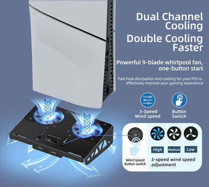 PS5/PS5 Slim/ PS5 Pro Wall Mount, Accessories Kit with Cooling Fan & Charging Station, Shelf Floating Mount for PS5/PS5 Slim/ PS5 Pro Disc & Digital Console, Behind TV Wall Bracket