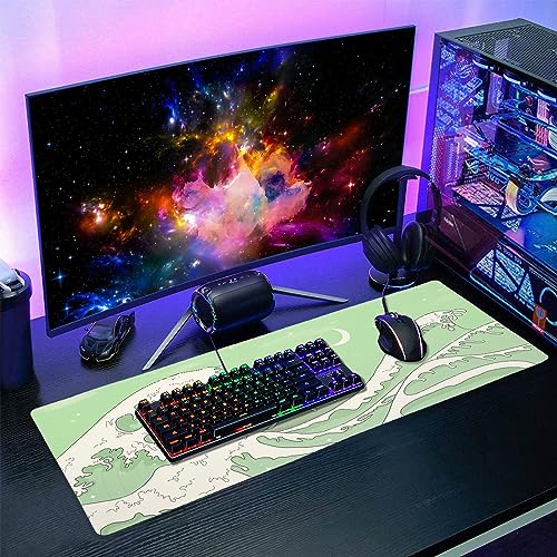 Matcha Green White Japanese Anime Gaming Mouse Pad XL Cute Kawaii Sage Aesthetic Wave Extended Large Desk Mat Non-Slip Rubber Base Stitched Edge Keyboard Mousepad for PC Office Laptop,31.5×11.8 in - color: Green Wave, size: X-Large