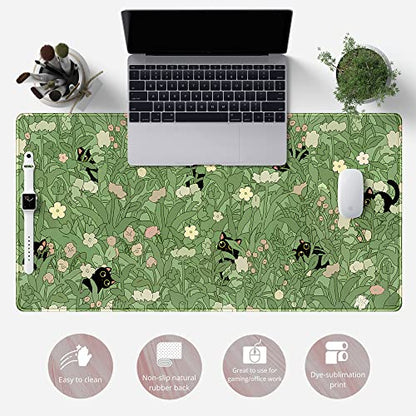 Green Desk Mat XL Cat Cute Plant Cool Desk Pad Keyboard Mat Kawaii Black Cat Flower Mouse Pad Green Desk Mat Desk Decor with Stitched Edges Non-Slip Large Computer Mat 31.5x15.7in - color: B-cat in the Meadow
