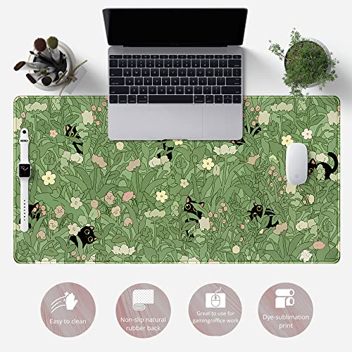 Green Desk Mat XL Cat Cute Plant Cool Desk Pad Keyboard Mat Kawaii Black Cat Flower Mouse Pad Green Desk Mat Desk Decor with Stitched Edges Non-Slip Large Computer Mat 31.5x15.7in - color: B-cat in the Meadow