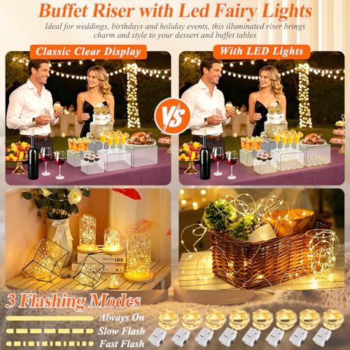 8 Pcs Clear Acrylic Buffet Risers with LED Fairy Lights, Acrylic Food Risers with Mini Sign and Maker, Clear Buffet Risers and Stands for Party Catering Dessert Collectibles(9" 8" 7" 6" 5" 5" 4" 4" ) - color: Clear 9" 8" 7" 6" 5" 5" 4" 4"