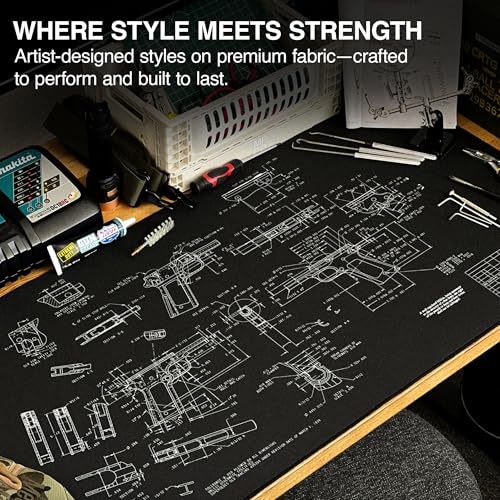 MPCO. Blueprints Large Gaming Desk Pad - 36" x 17" Duraglyde Fabric Browning 1911 – Black Desk Mats - Non-Slip, Washable, Smooth Glide for Precision Gaming & Work - color: Duraglyde Browning 1911 – Black